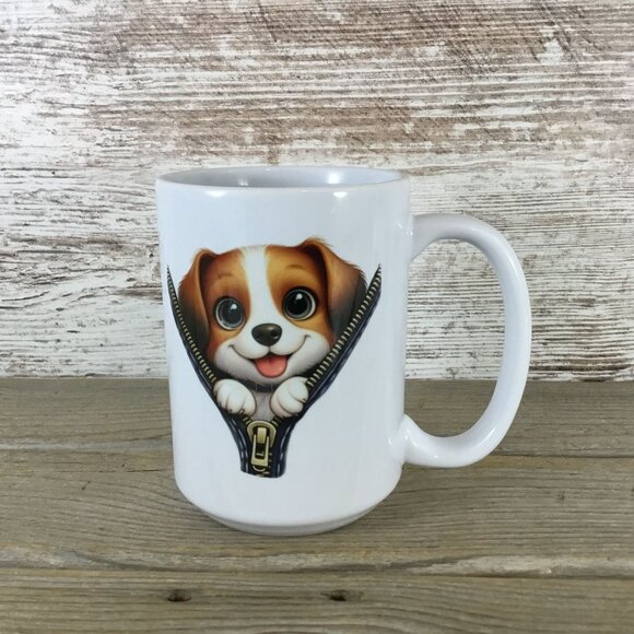 Puppy Peeking from Zipper Design 15 oz Ceramic Coffee Mug - Picture 3 of 3